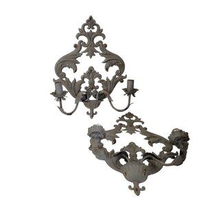 Vintage-Inspired Ornate Metal Wall Sconces Pair With Two Light Arms Verdigris Fi